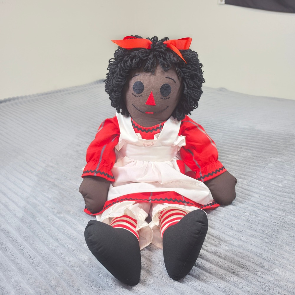 Vintage 36 In Raggedy Ann Style Cloth Doll Red Dress White Pinafore Apron USA‎